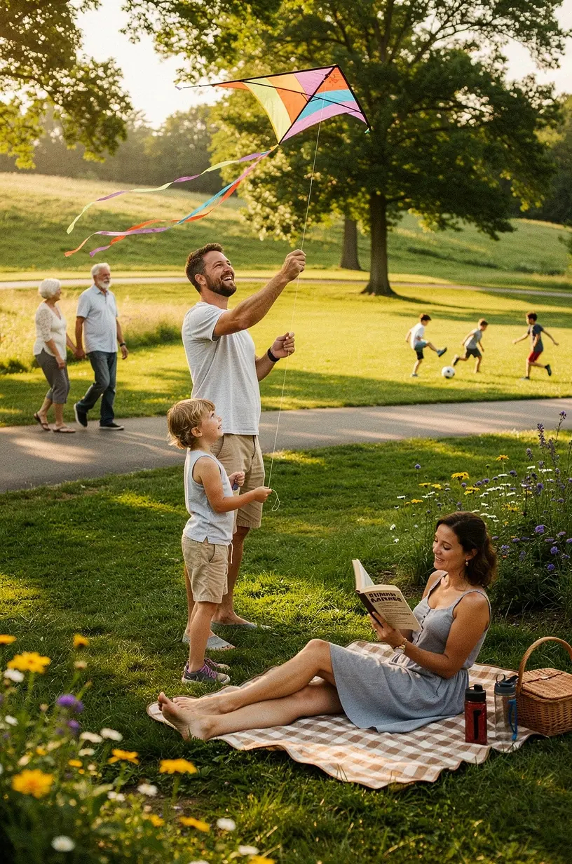 Scenic small-town park with benches, open green space, and minimal crowds on a sunny day.