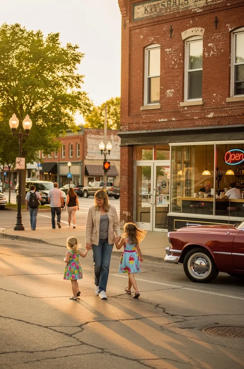 Charming small-town main street with historic brick buildings, cozy local diner, and quiet sidewalks perfect for a leisurely stroll.